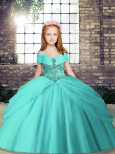 Simple Aqua Blue Lace Up Straps Beading Pageant Dresses Tulle Sleeveless