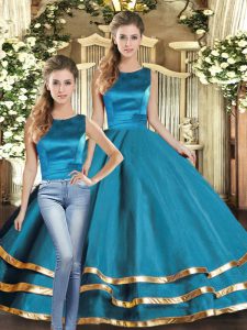 Teal Scoop Lace Up Ruffled Layers Sweet 16 Dresses Sleeveless