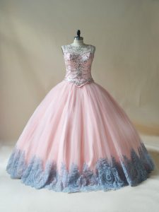 Top Selling Pink Lace Up Scoop Beading and Appliques Sweet 16 Dresses Tulle Sleeveless