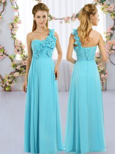 Nice Aqua Blue Chiffon Lace Up One Shoulder Sleeveless Floor Length Bridesmaid Dress Hand Made Flower