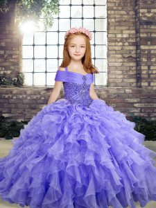 Lavender Lace Up Straps Beading and Ruffles Evening Gowns Organza Sleeveless