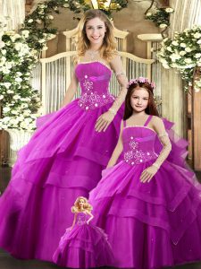 Fuchsia Ball Gowns Strapless Sleeveless Tulle Floor Length Lace Up Beading 15th Birthday Dress