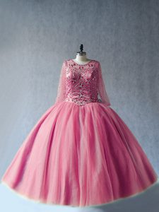 Shining Tulle Long Sleeves Floor Length Sweet 16 Dresses and Beading