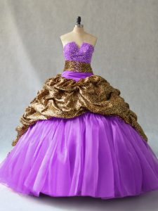 Latest Lavender Organza and Printed Lace Up V-neck Sleeveless Floor Length Quinceanera Gowns Beading and Pick Ups