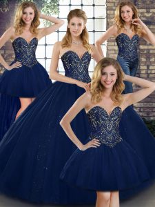 Stylish Floor Length Lace Up 15 Quinceanera Dress Navy Blue for Military Ball and Sweet 16 and Quinceanera with Beading