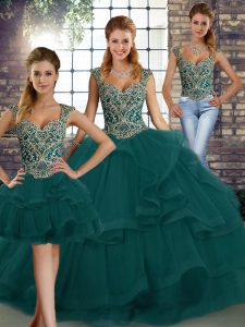 New Arrival Peacock Green Tulle Lace Up Straps Sleeveless Floor Length Ball Gown Prom Dress Beading and Ruffles
