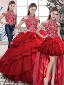 Exquisite Three Pieces Vestidos de Quinceanera Red Halter Top Organza Sleeveless Lace Up