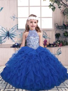 Sleeveless Tulle Floor Length Lace Up Little Girl Pageant Gowns in Blue with Beading and Ruffles