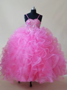 Rose Pink Glitz Pageant Dress Wedding Party with Beading and Ruffles Spaghetti Straps Sleeveless Lace Up
