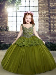 Olive Green Tulle Lace Up Straps Sleeveless Floor Length Pageant Gowns For Girls Beading