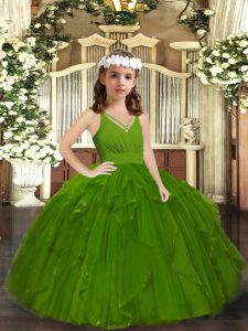 Sleeveless Tulle Floor Length Zipper Glitz Pageant Dress in Olive Green with Ruffles