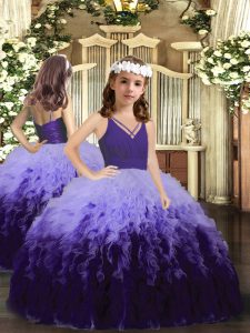 Ball Gowns Pageant Gowns For Girls Multi-color V-neck Tulle Sleeveless Floor Length Zipper