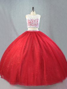 Custom Designed Scoop Sleeveless Quinceanera Gown Floor Length Beading and Appliques Red Tulle