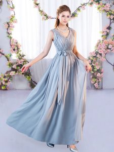 Glittering Grey Lace Up Bridesmaid Dress Belt Sleeveless Floor Length