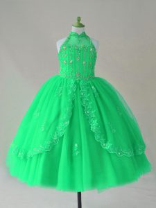 Pretty Turquoise Ball Gowns High-neck Sleeveless Tulle Floor Length Lace Up Beading and Appliques Little Girl Pageant Go