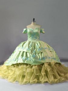 Embroidery and Ruffles Quinceanera Gowns Yellow Green Lace Up Sleeveless Chapel Train
