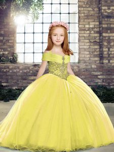 Unique Yellow Ball Gowns Tulle Straps Sleeveless Beading Lace Up Little Girls Pageant Gowns Brush Train