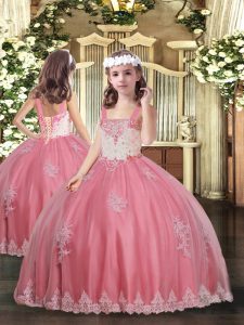 Watermelon Red Ball Gowns Straps Sleeveless Tulle Floor Length Lace Up Appliques Little Girl Pageant Dress