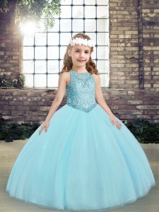 Aqua Blue Little Girls Pageant Dress Party and Wedding Party with Beading and Appliques Scoop Sleeveless Lace Up