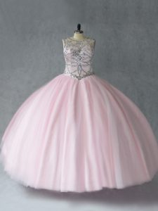 Baby Pink Tulle Lace Up Scoop Sleeveless Floor Length Vestidos de Quinceanera Beading