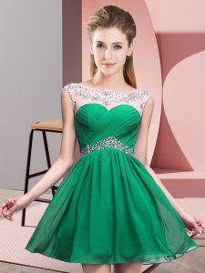 Turquoise A-line Scoop Sleeveless Chiffon Mini Length Backless Beading and Ruching Prom Evening Gown