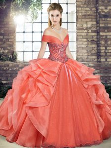Decent Off The Shoulder Sleeveless Sweet 16 Dresses Floor Length Beading and Ruffles Orange Red Organza