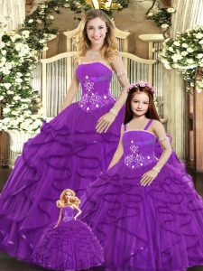 Purple Ball Gowns Tulle Strapless Sleeveless Beading and Ruffles Floor Length Lace Up Quinceanera Dresses