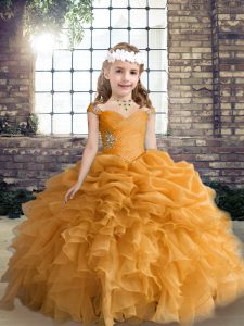 Floor Length Orange Little Girl Pageant Gowns Straps Sleeveless Lace Up