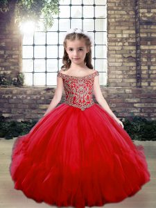 Superior Red Ball Gowns Beading Little Girls Pageant Dress Wholesale Lace Up Tulle Sleeveless Floor Length