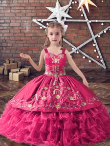 Floor Length Lace Up Kids Formal Wear Hot Pink for Wedding Party with Embroidery and Ruffled Layers