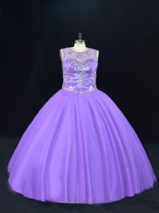 Super Lavender Sleeveless Floor Length Beading Lace Up Quinceanera Gowns