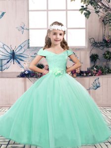 Off The Shoulder Sleeveless Little Girls Pageant Dress Wholesale Floor Length Lace and Belt Apple Green Tulle
