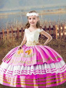 Unique Lilac Lace Up Off The Shoulder Embroidery Kids Pageant Dress Satin Sleeveless