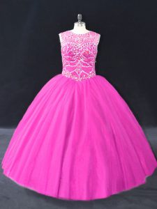 Affordable Fuchsia Sweet 16 Dress Sweet 16 and Quinceanera with Beading Scoop Sleeveless Lace Up