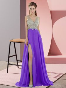 Cheap Lavender Zipper Prom Evening Gown Beading Sleeveless Sweep Train