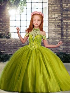 Best Olive Green Winning Pageant Gowns Party and Wedding Party with Beading High-neck Sleeveless Lace Up