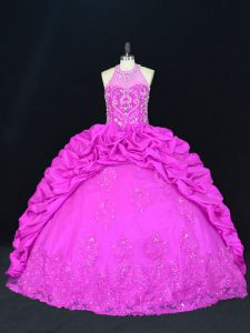 Fuchsia Taffeta Lace Up Quince Ball Gowns Sleeveless Floor Length Beading and Appliques and Pick Ups