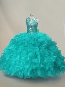 Fantastic Aqua Blue Ball Gowns Beading and Ruffles 15th Birthday Dress Lace Up Organza Sleeveless Floor Length