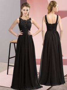 Custom Fit Black Empire Chiffon Scoop Sleeveless Beading and Appliques Floor Length Zipper Bridesmaid Gown