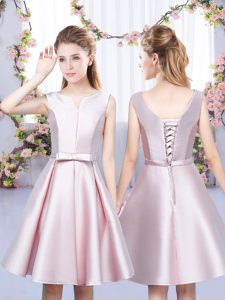 Baby Pink Lace Up V-neck Bowknot Quinceanera Dama Dress Satin Sleeveless