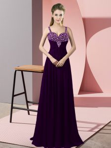 Beautiful Dark Purple Empire Straps Sleeveless Chiffon Floor Length Zipper Beading Dress for Prom