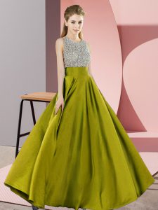 Empire Dress for Prom Olive Green Scoop Elastic Woven Satin Sleeveless Floor Length Backless