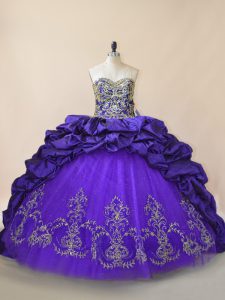 Flare Sweetheart Sleeveless Satin and Organza Sweet 16 Dress Embroidery and Pick Ups Brush Train Lace Up