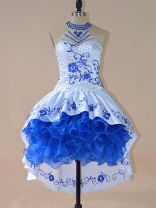 Traditional Royal Blue Dress for Prom Prom and Party and Military Ball with Embroidery and Ruffles Halter Top Sleeveless