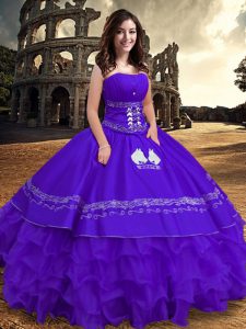Superior Satin and Organza Strapless Sleeveless Lace Up Embroidery and Ruffles 15 Quinceanera Dress in Purple