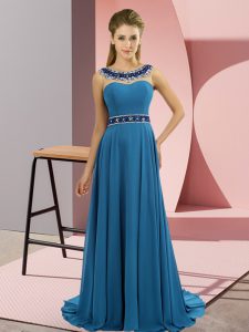 Best Blue Zipper Scoop Beading Prom Party Dress Chiffon Sleeveless Brush Train