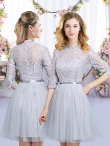 Grey Empire Lace and Belt Bridesmaid Dress Zipper Tulle Half Sleeves Mini Length