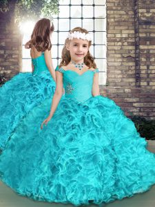Charming Floor Length Aqua Blue Little Girls Pageant Gowns Straps Sleeveless Lace Up