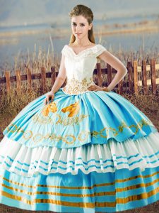 Free and Easy Ball Gowns Quinceanera Dress Blue And White V-neck Organza Sleeveless Floor Length Lace Up