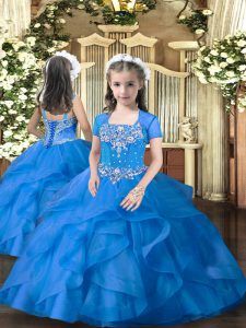 Best Sleeveless Floor Length Beading and Ruffles Lace Up Kids Formal Wear with Blue